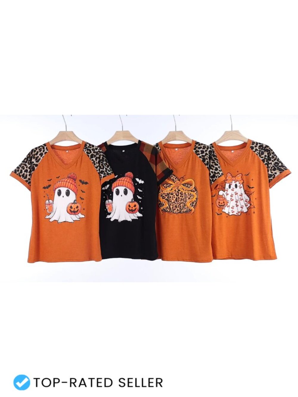Women's Halloween Ghost Pumpkin V-Neck Leopard Plaid Raglan T-Shirt - Picture 6 of 6